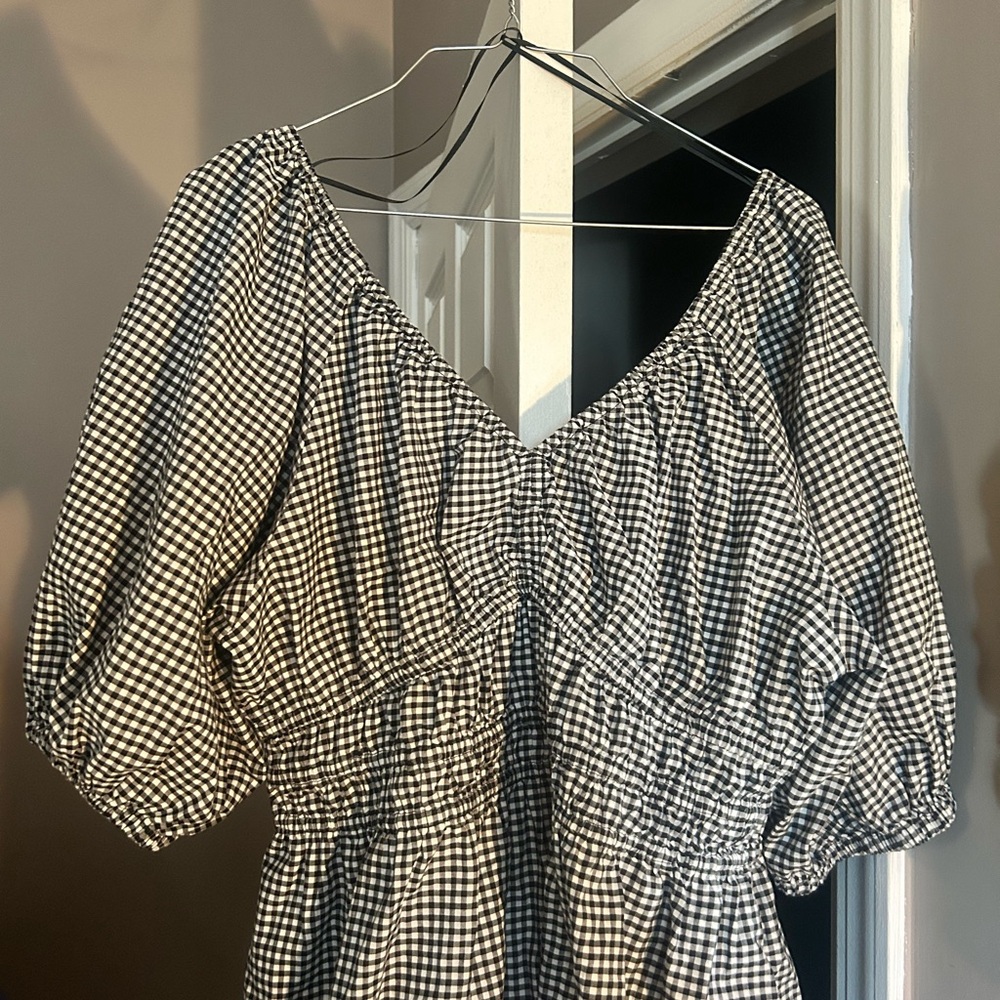 Old Navy Black and White Gingham Mini Dress with Puff Sleeves